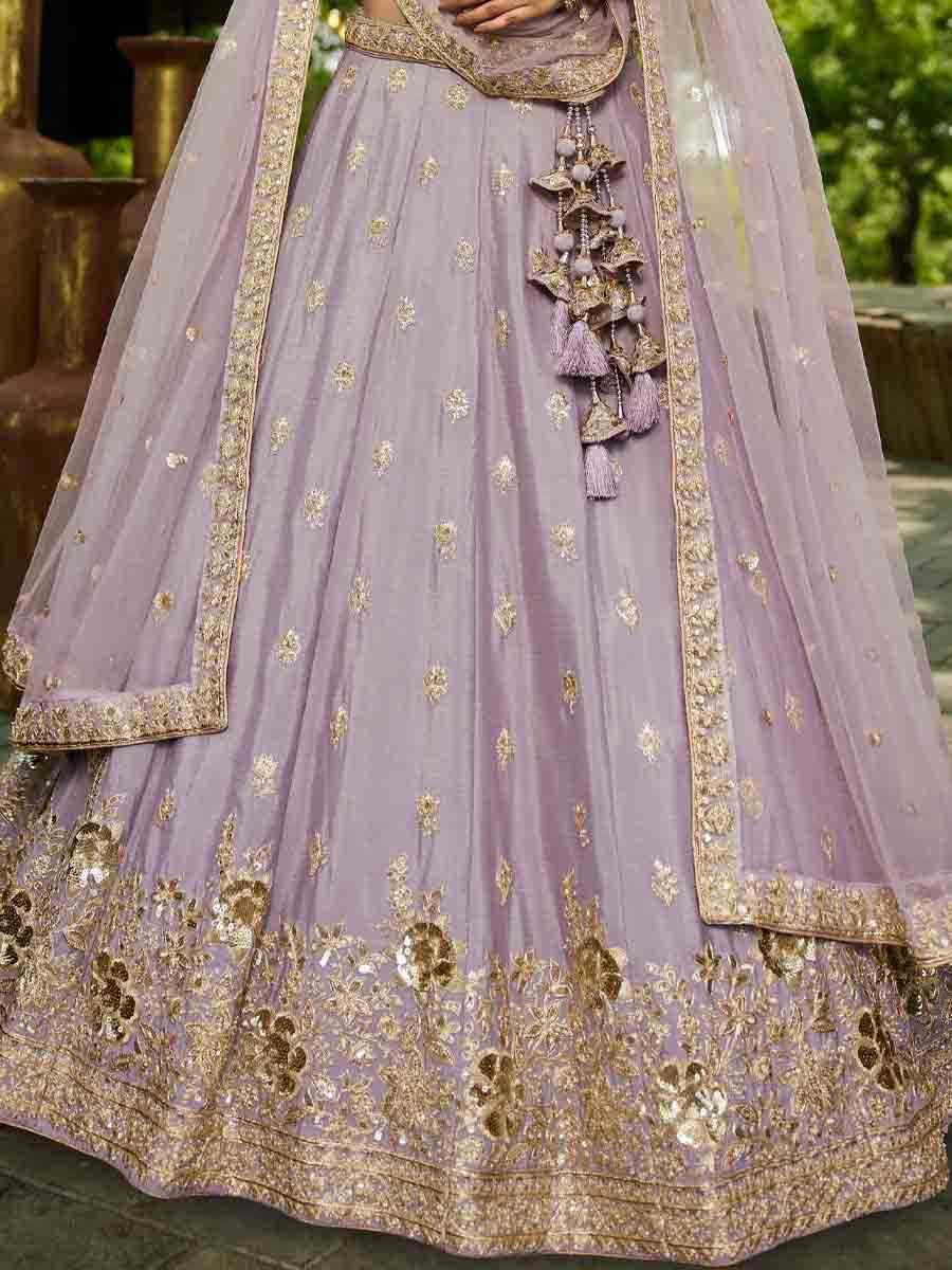 Mauve Poly Chiffon Embroidered Reception Wedding Heavy Border Lehenga Choli