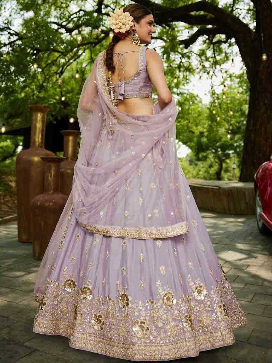 Mauve Poly Chiffon Embroidered Reception Wedding Heavy Border Lehenga Choli