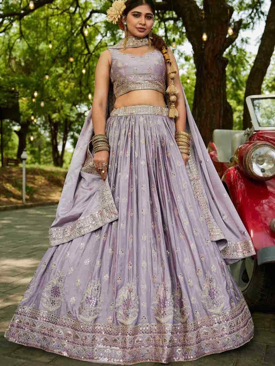 Mauve Poly Chiffon Embroidered Reception Wedding Heavy Border Lehenga Choli