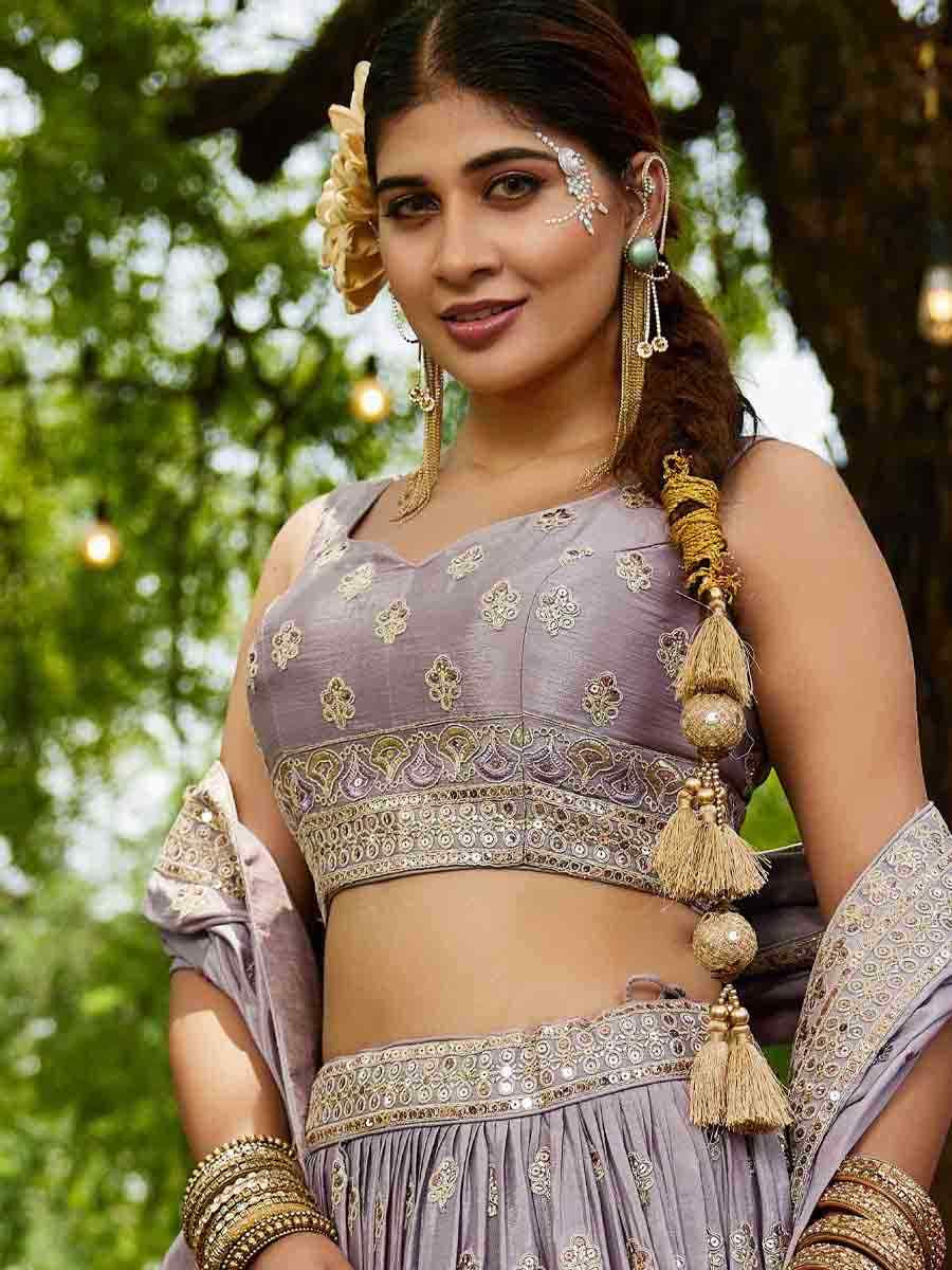Mauve Poly Chiffon Embroidered Reception Wedding Heavy Border Lehenga Choli