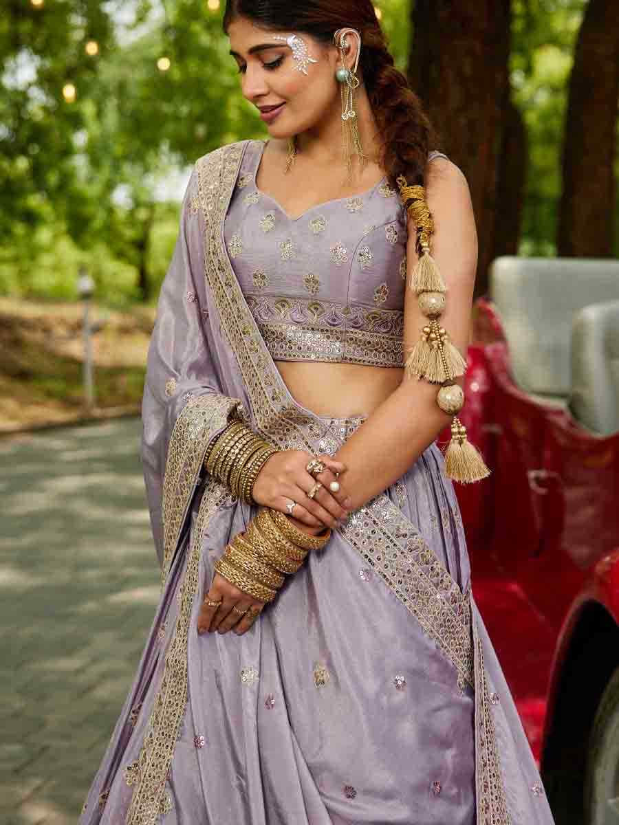 Mauve Poly Chiffon Embroidered Reception Wedding Heavy Border Lehenga Choli