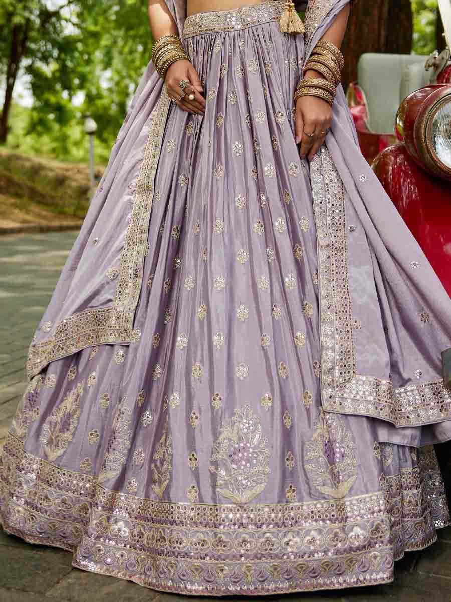 Mauve Poly Chiffon Embroidered Reception Wedding Heavy Border Lehenga Choli