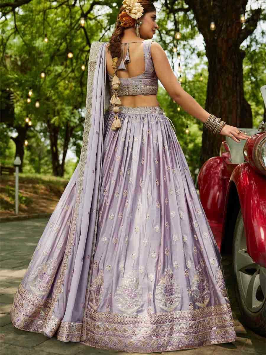 Mauve Poly Chiffon Embroidered Reception Wedding Heavy Border Lehenga Choli