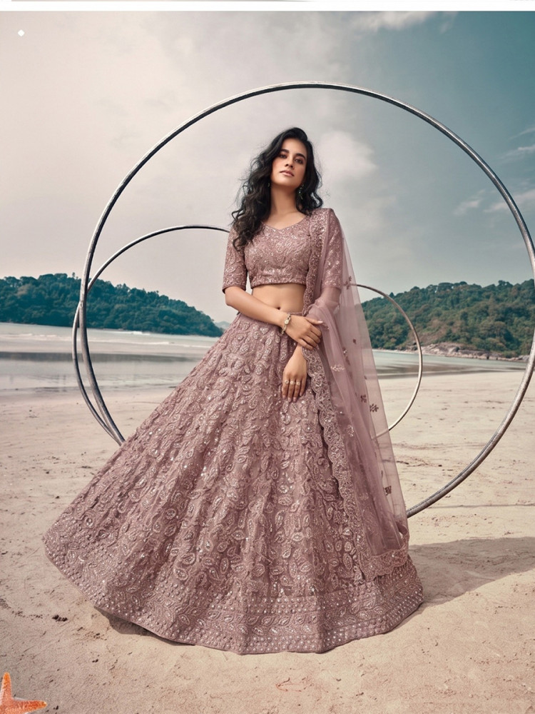 Image of Mauve Pure Butterfly Net Embroidery Wedding Reception Party Festival Heavy Border Lehenga Choli