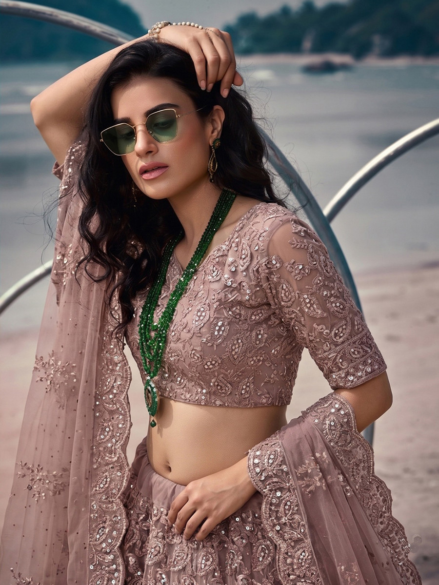 Mauve Pure Butterfly Net Embroidery Wedding Reception Party Festival Heavy Border Lehenga Choli