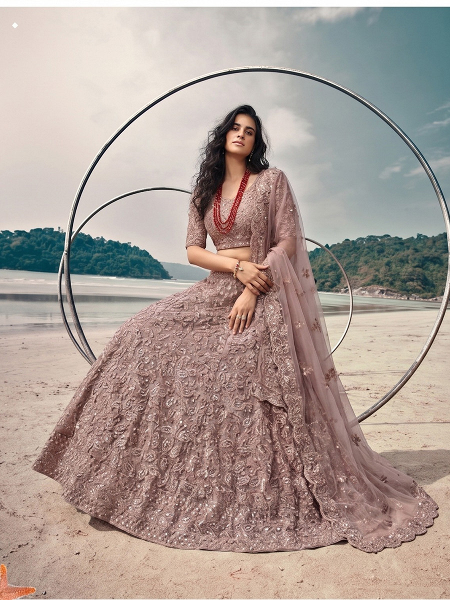 Mauve Pure Butterfly Net Embroidery Wedding Reception Party Festival Heavy Border Lehenga Choli