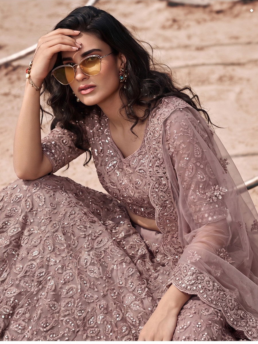 Mauve Pure Butterfly Net Embroidery Wedding Reception Party Festival Heavy Border Lehenga Choli