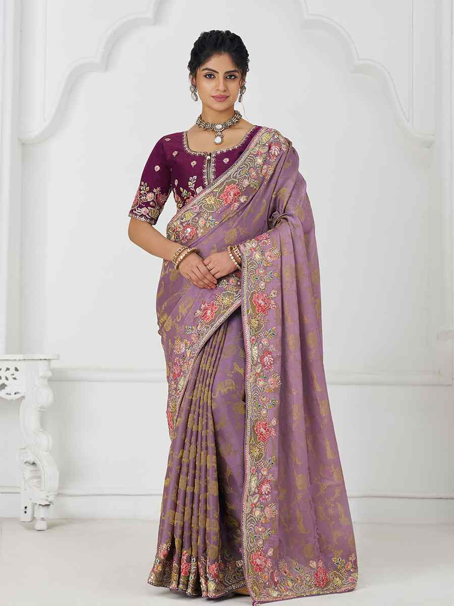Mauve Pure Dola Viscouse Silk Embroidered Festival Wedding Fancy Heavy Border Saree