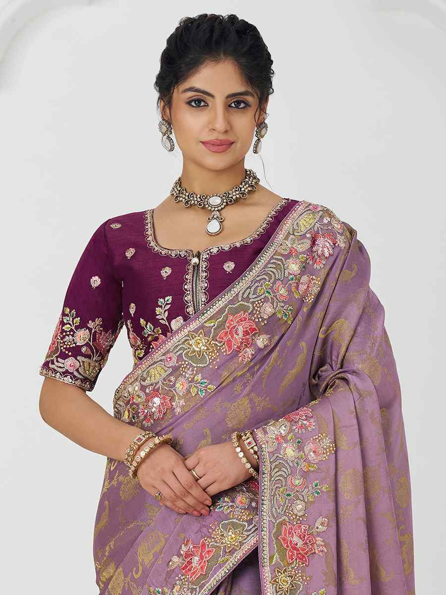 Mauve Pure Dola Viscouse Silk Embroidered Festival Wedding Fancy Heavy Border Saree
