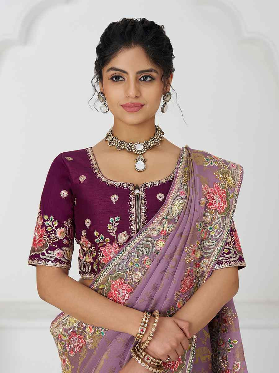 Mauve Pure Dola Viscouse Silk Embroidered Festival Wedding Fancy Heavy Border Saree