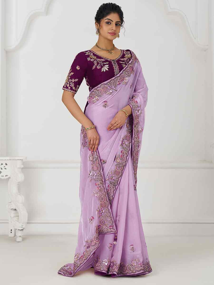 Mauve Pure Fendi Silk Embroidered Festival Wedding Fancy Heavy Border Saree