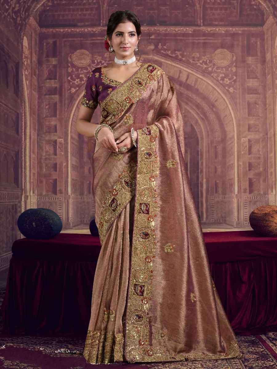 Mauve Pure Georgette Zari Organza Silk Embroidery Bridal Reception Festival Wedding Fancy Heavy Border Saree