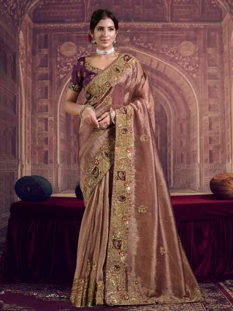 Image of Mauve Pure Georgette Zari Organza Silk Embroidery Bridal Reception Festival Wedding Fancy Heavy Border Saree