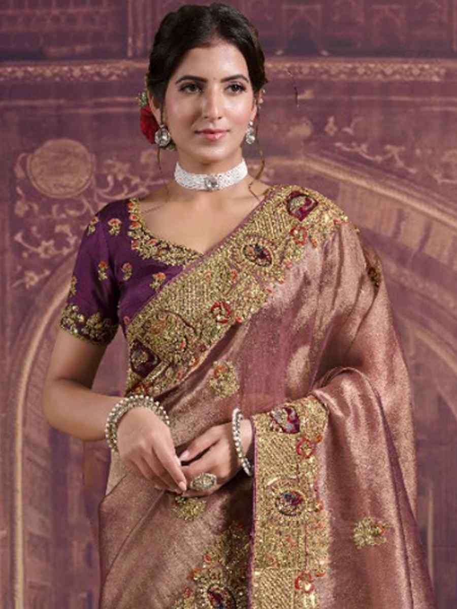Mauve Pure Georgette Zari Organza Silk Embroidery Bridal Reception Festival Wedding Fancy Heavy Border Saree