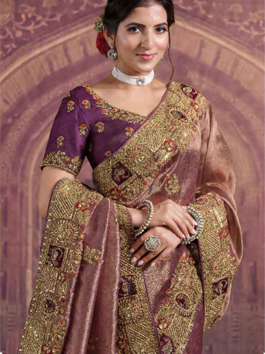 Mauve Pure Georgette Zari Organza Silk Embroidery Bridal Reception Festival Wedding Fancy Heavy Border Saree