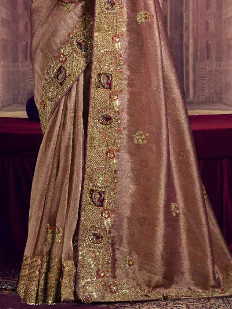 Mauve Pure Georgette Zari Organza Silk Embroidery Bridal Reception Festival Wedding Fancy Heavy Border Saree