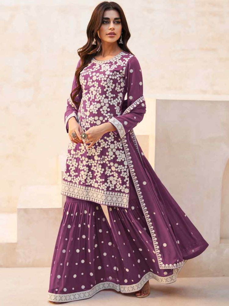 Mauve Real Georgette Embroidered Festival Wedding Ready Sharara Pant Salwar Kameez