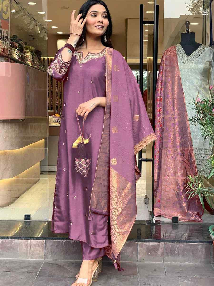 Mauve Roman Silk Embroidered Festival Casual Ready Pant Salwar Kameez