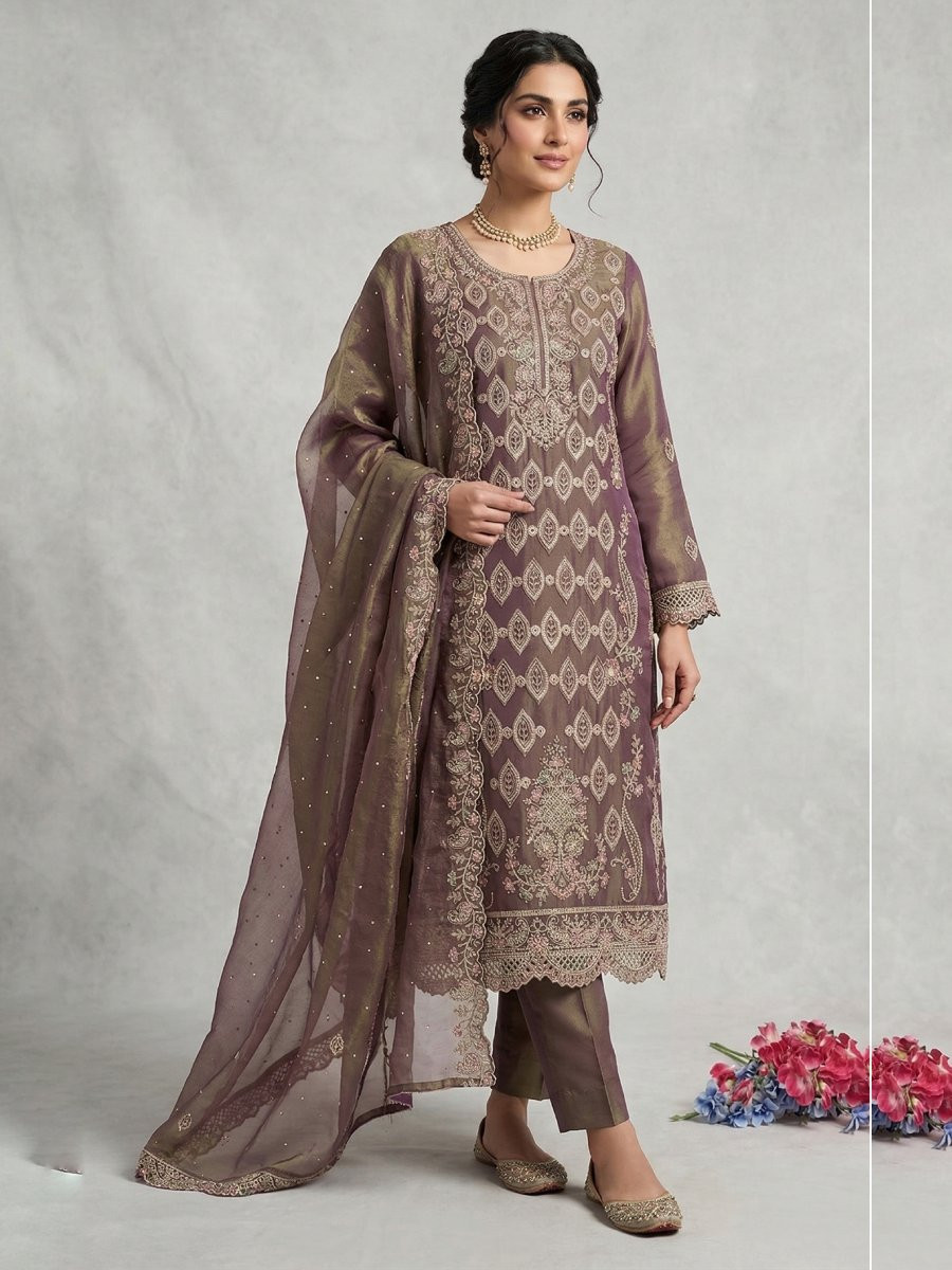 Mauve Silk Embroidery Sequins Diamond Wedding Party Festival Casual Pant Salwar Kameez