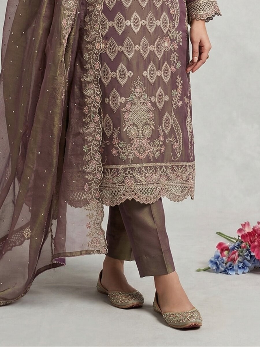 Mauve Silk Embroidery Sequins Diamond Wedding Party Festival Casual Pant Salwar Kameez