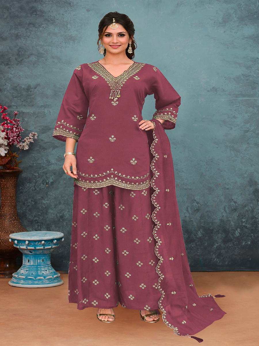 Mauve Silk Embroidery Wedding Party Festival Casual Ready Palazzo Pant Salwar Kameez