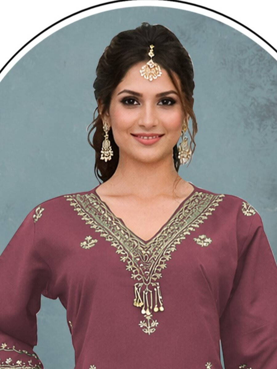 Mauve Silk Embroidery Wedding Party Festival Casual Ready Palazzo Pant Salwar Kameez