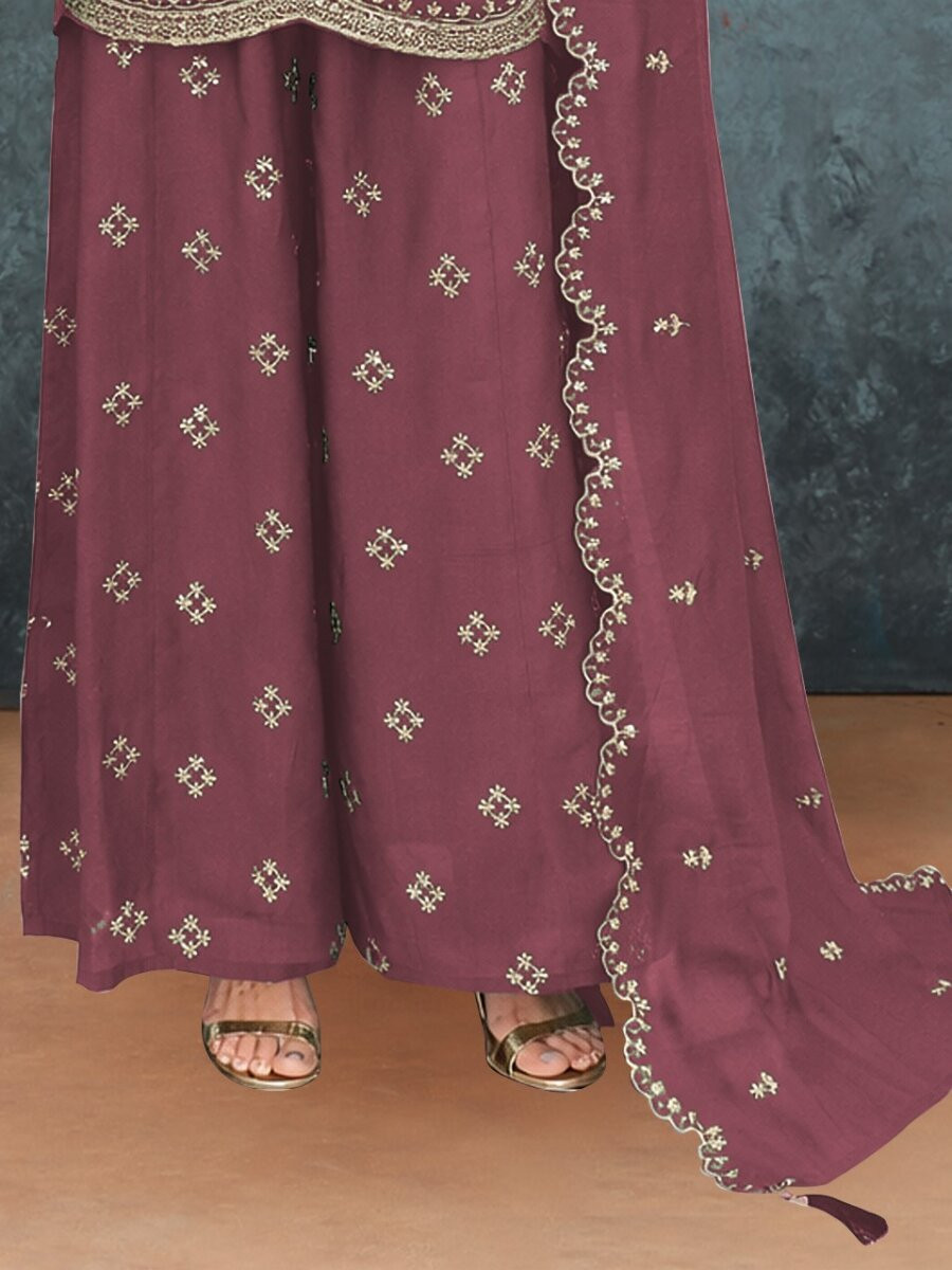 Mauve Silk Embroidery Wedding Party Festival Casual Ready Palazzo Pant Salwar Kameez