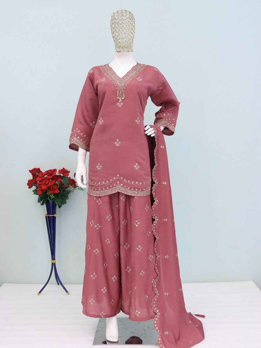 Mauve Silk Embroidery Wedding Party Festival Casual Ready Palazzo Pant Salwar Kameez
