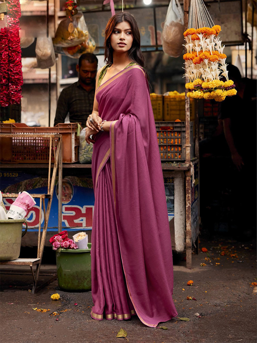 Mauve Silk Plain Casual Party Festival Wedding Fancy Classic Style Sarees