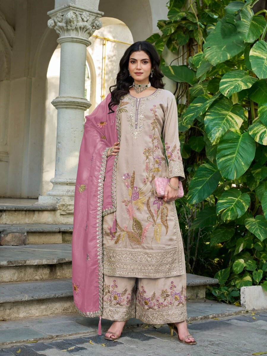 Mauve Simmer Embroidery Zari Sequins Wedding Party Festival Casual Ready Palazzo Pant Salwar Kameez