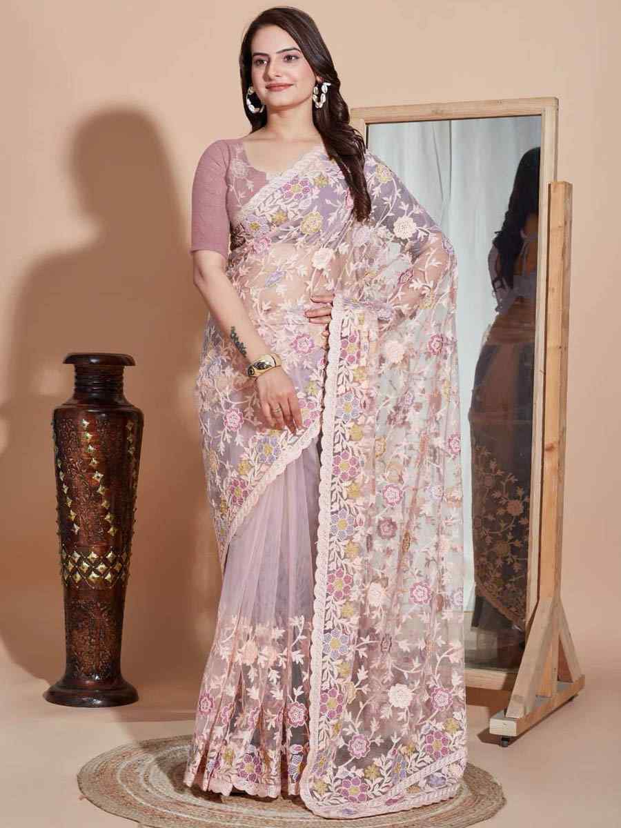 Mauve Soft Butterfly Net Embroidery Party Reception Heavy Border Saree