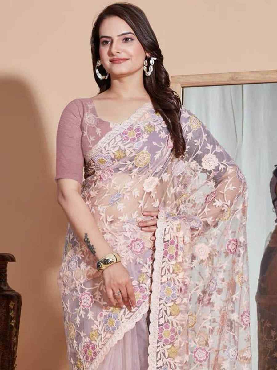 Mauve Soft Butterfly Net Embroidery Party Reception Heavy Border Saree