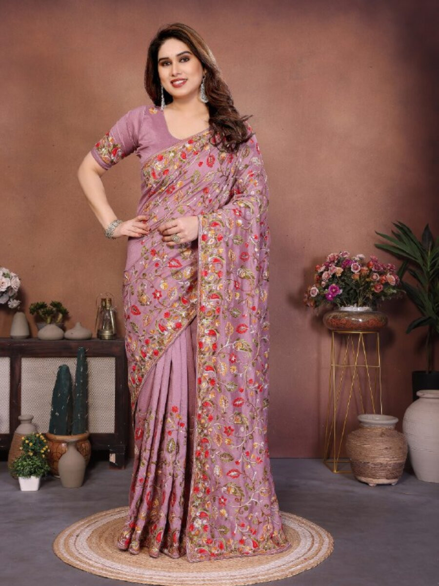 Mauve Soft Crush Silk Embroidery Wedding Reception Party Casual Heavy Border Sarees