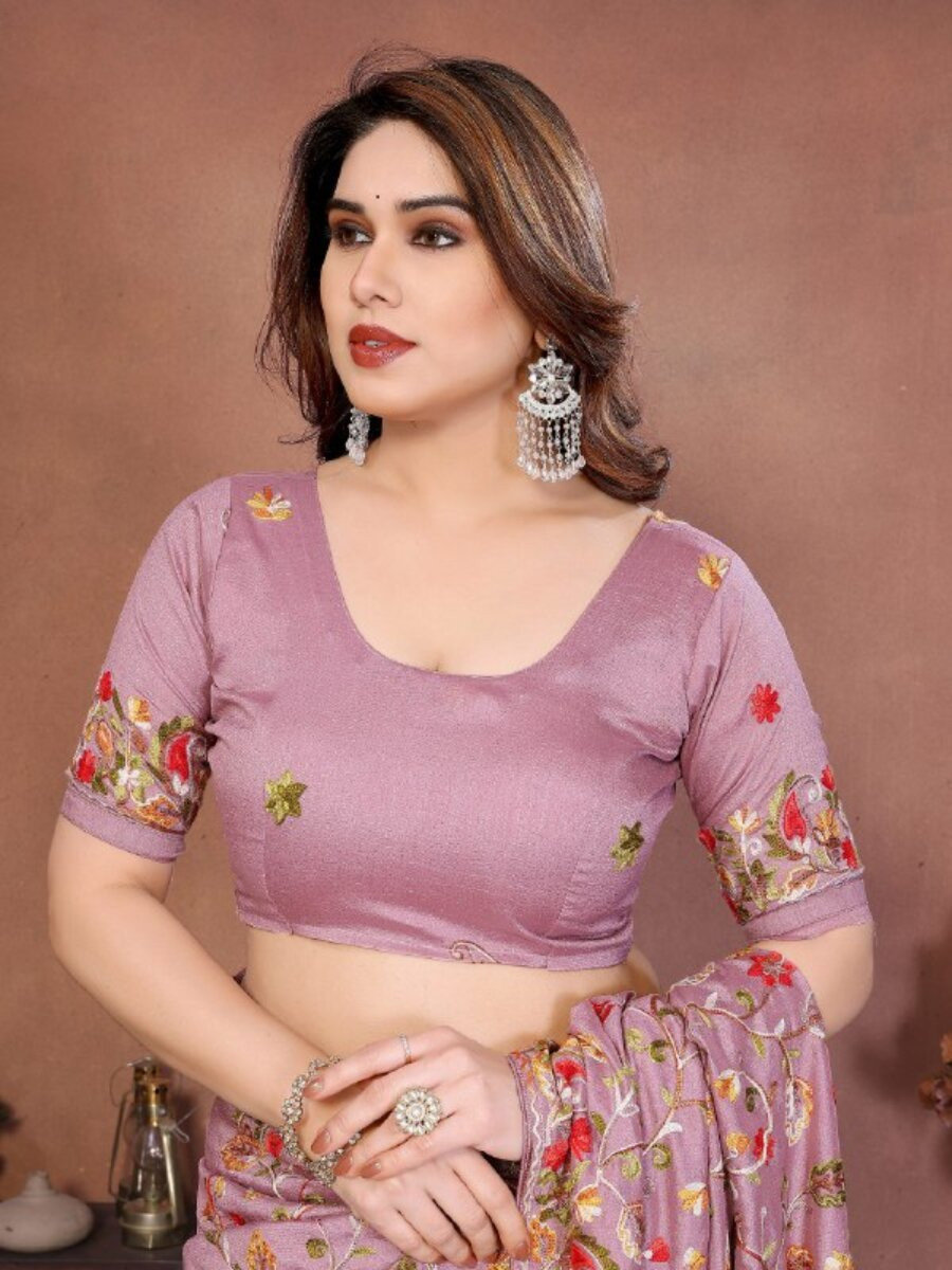 Mauve Soft Crush Silk Embroidery Wedding Reception Party Casual Heavy Border Sarees