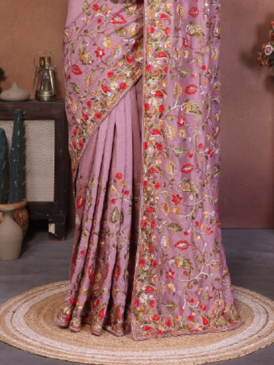 Mauve Soft Crush Silk Embroidery Wedding Reception Party Casual Heavy Border Sarees