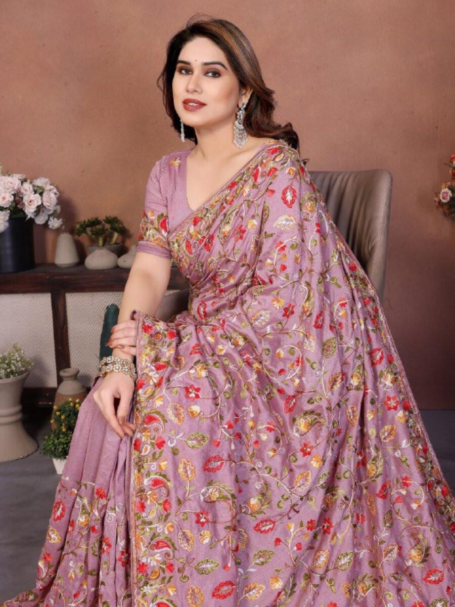 Mauve Soft Crush Silk Embroidery Wedding Reception Party Casual Heavy Border Sarees