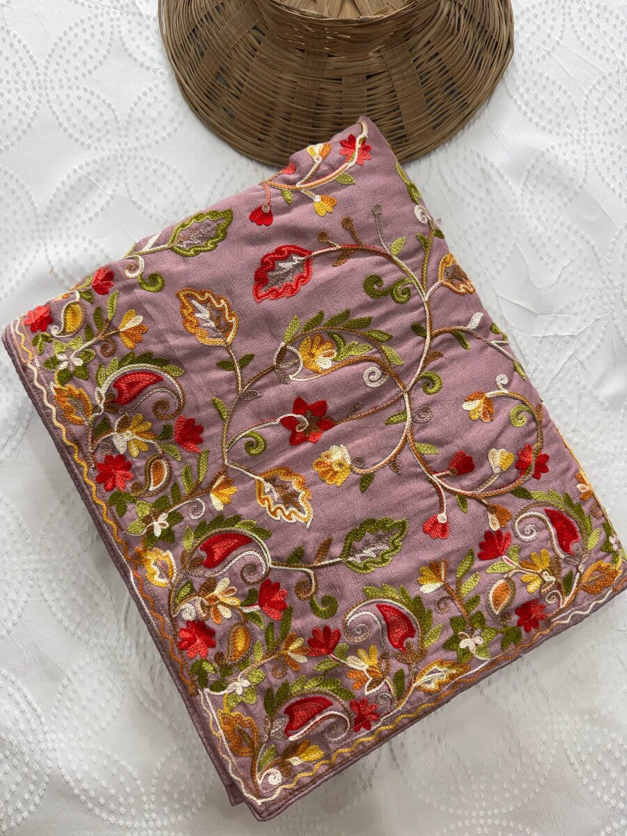 Mauve Soft Crush Silk Embroidery Wedding Reception Party Casual Heavy Border Sarees