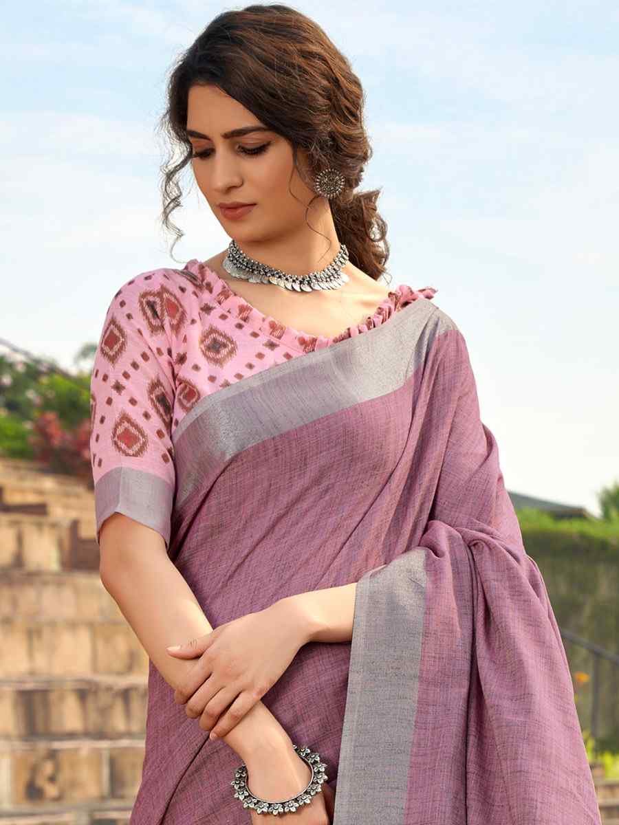 Mauve Soft linen Silk Printed Casual Festival Contemporary Saree