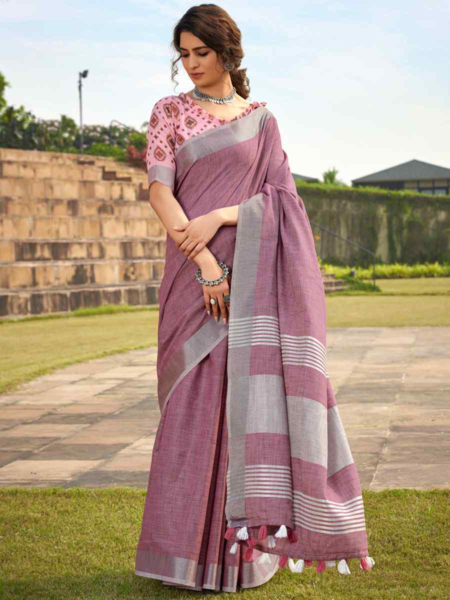 Mauve Soft linen Silk Printed Casual Festival Contemporary Saree