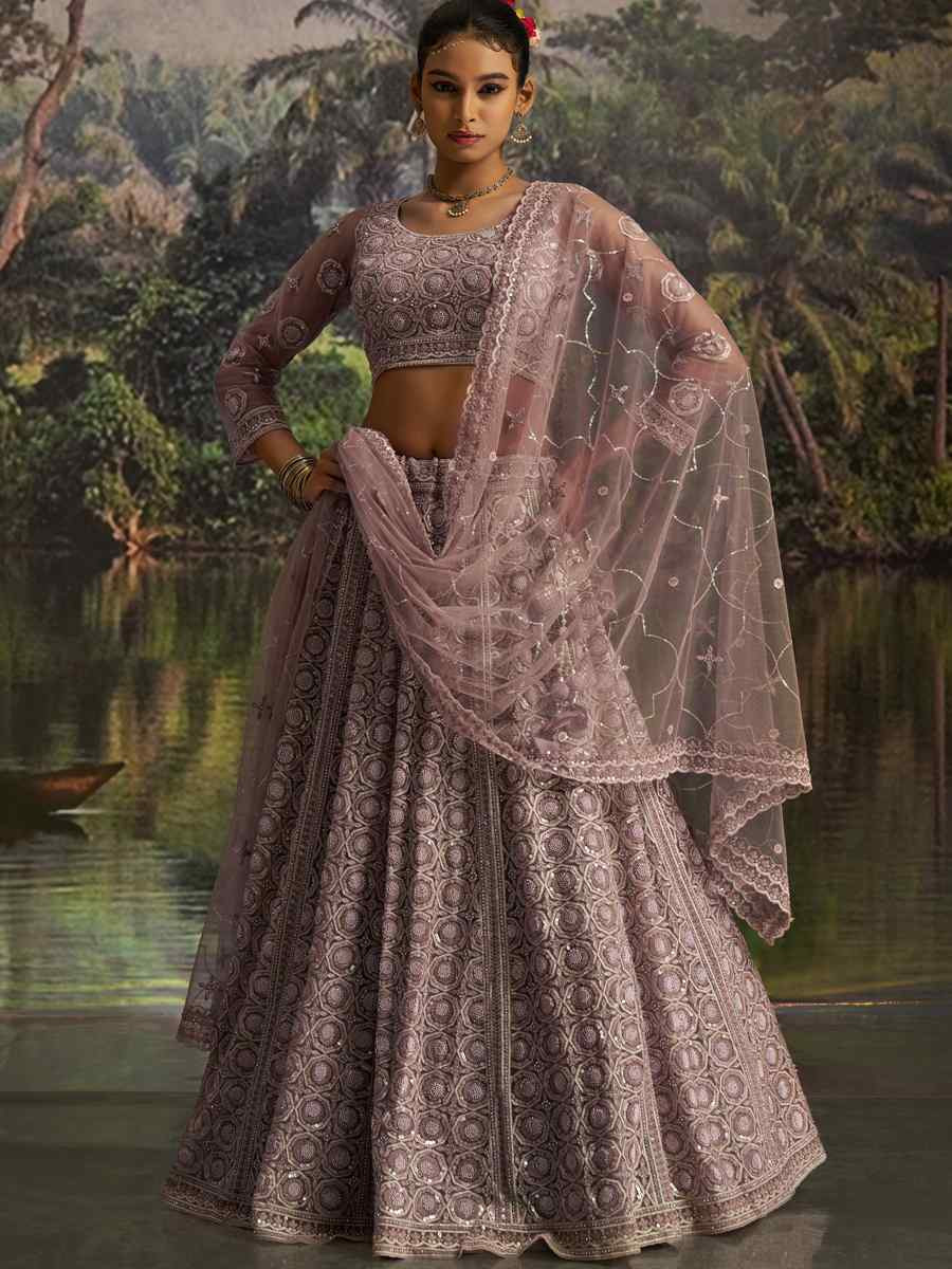 Mauve Soft Net Embroidered Festival Wedding Party Reception Heavy Border Lehenga Choli