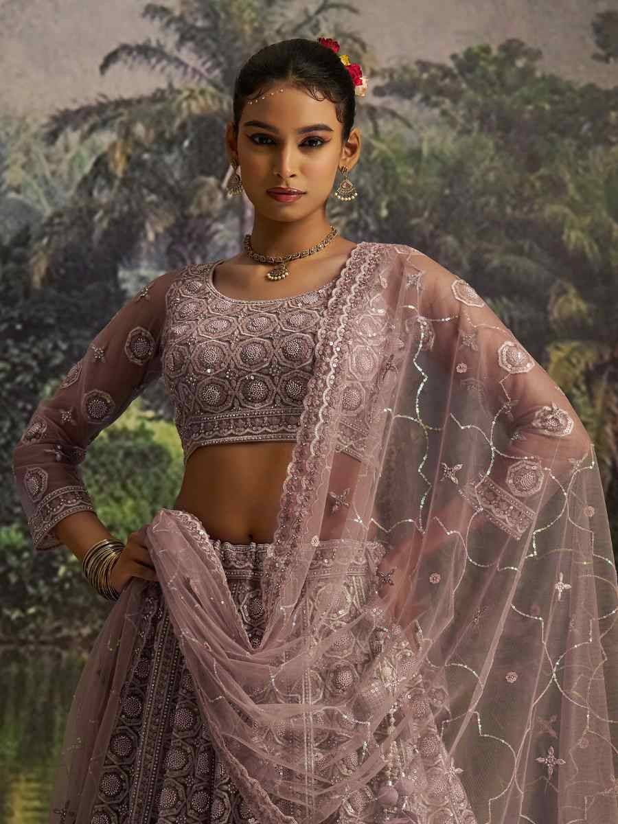 Mauve Soft Net Embroidered Festival Wedding Party Reception Heavy Border Lehenga Choli