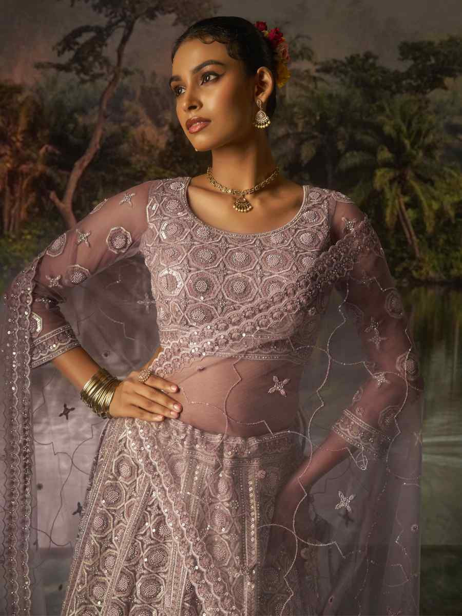 Mauve Soft Net Embroidered Festival Wedding Party Reception Heavy Border Lehenga Choli