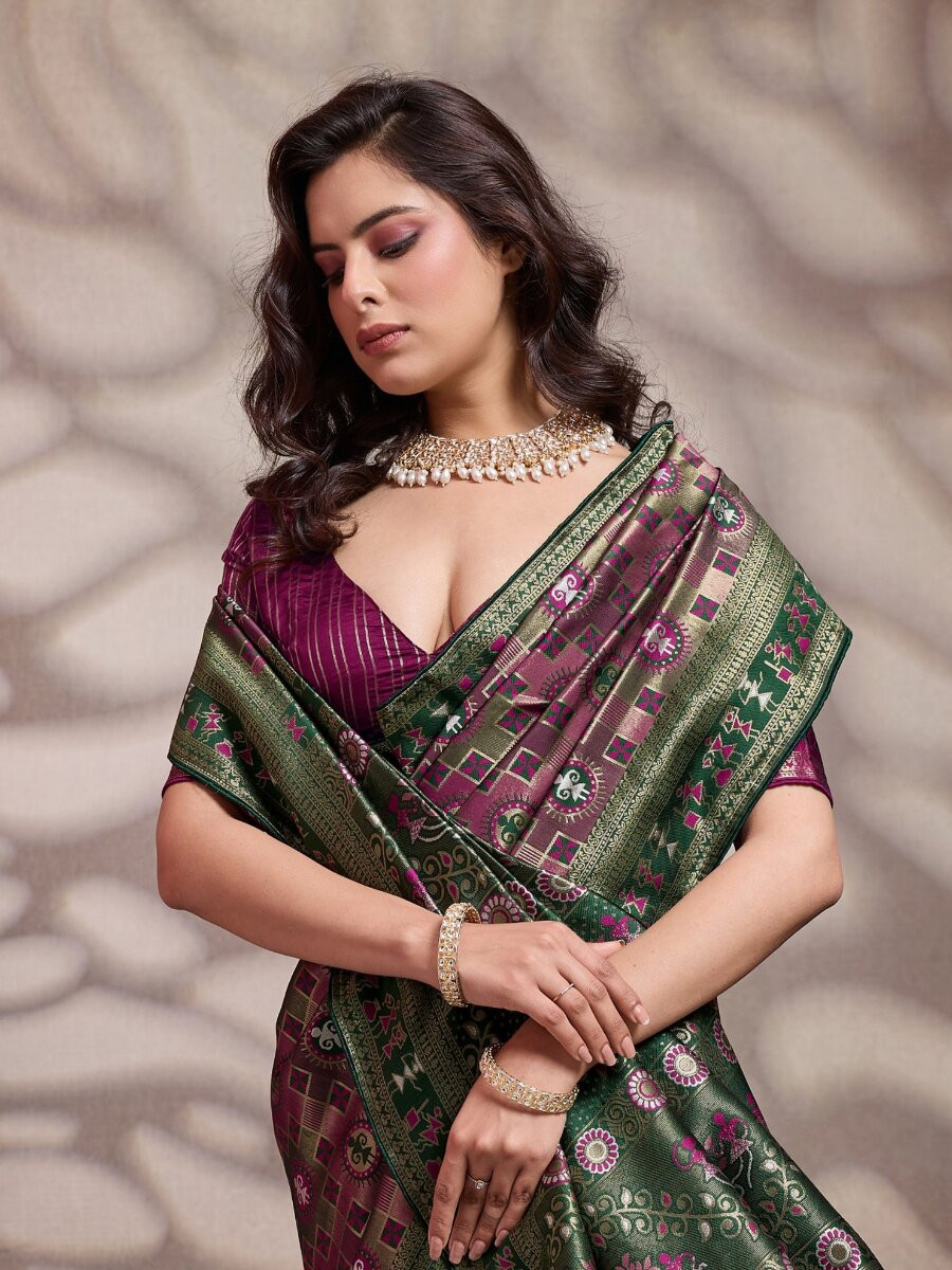 Mauve Soft Silk Zari Meenakari Woven Work Wedding Reception Party Festival Casual Heavy Border Sarees