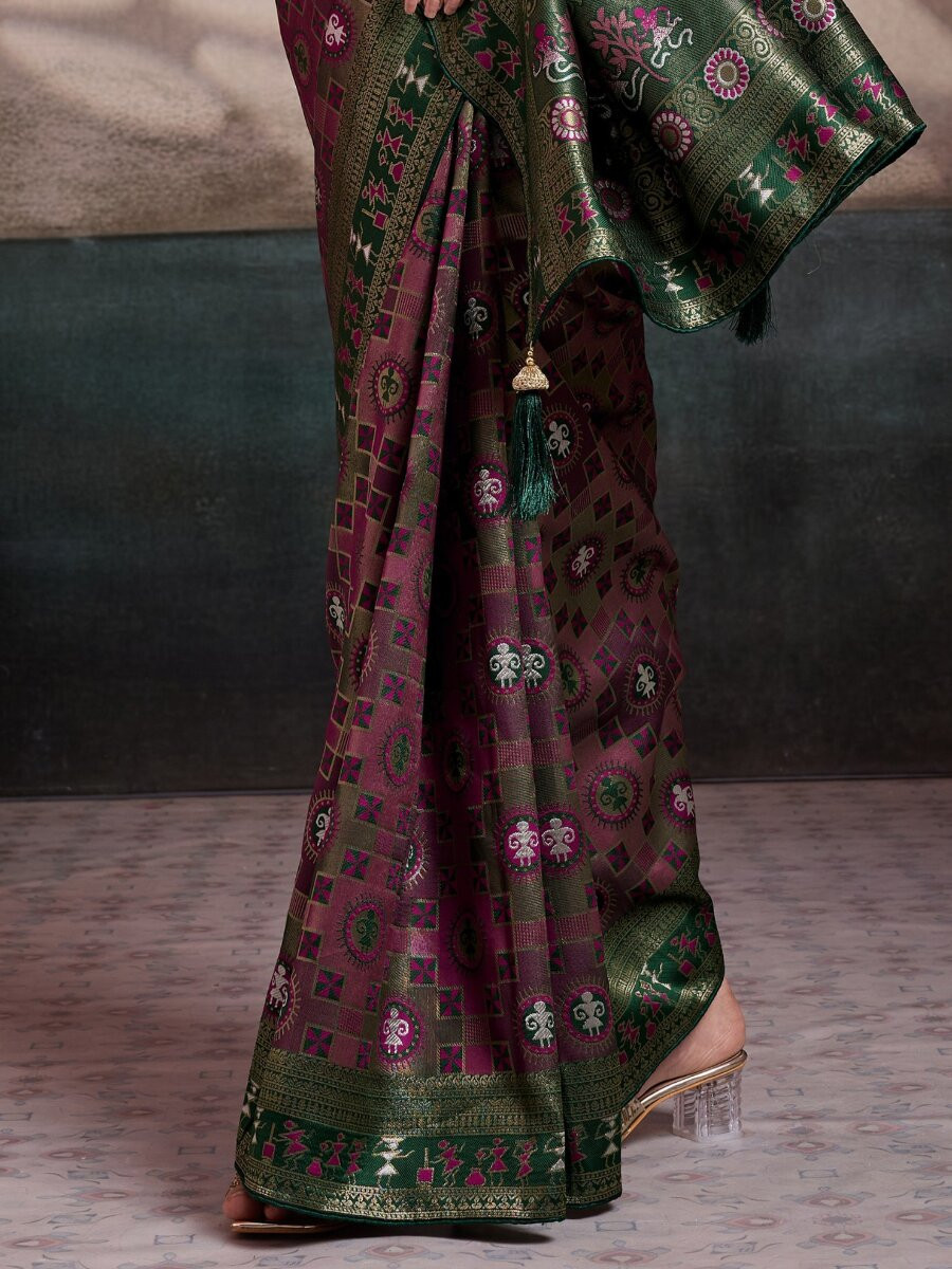 Mauve Soft Silk Zari Meenakari Woven Work Wedding Reception Party Festival Casual Heavy Border Sarees
