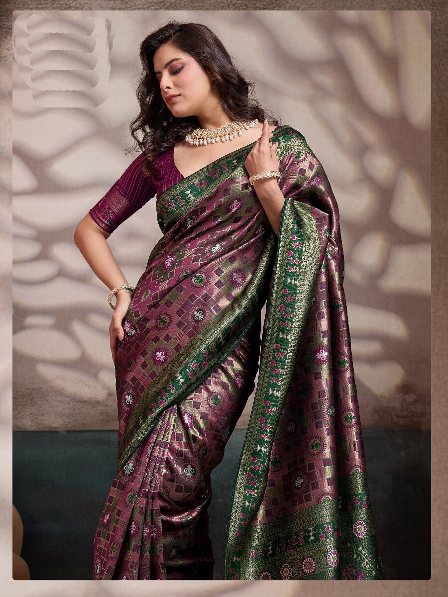 Mauve Soft Silk Zari Meenakari Woven Work Wedding Reception Party Festival Casual Heavy Border Sarees