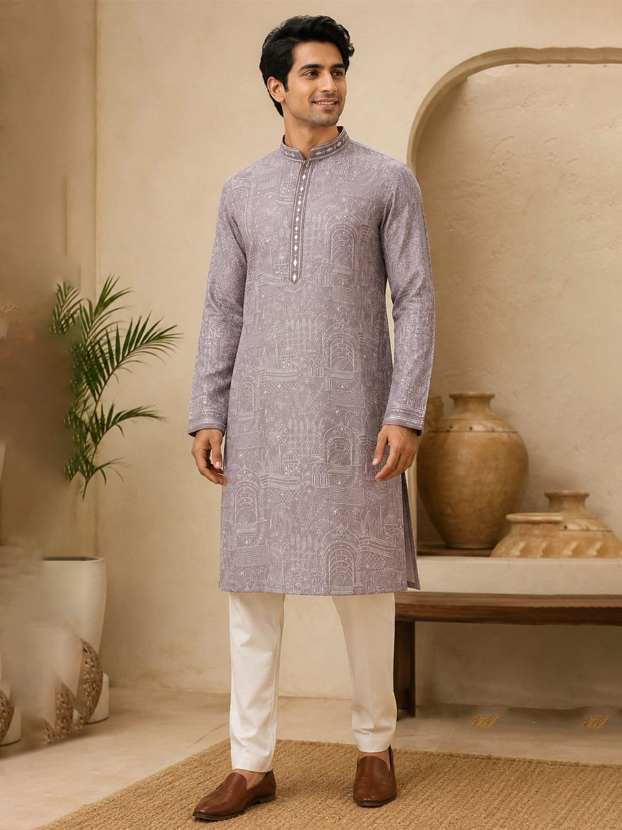 Mauve Taupe Art Silk Embroidery Wedding Party Festival Casual Mens Wear Kurta