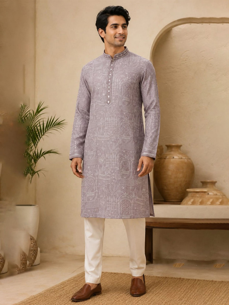 Image of Mauve Taupe Art Silk Embroidery Wedding Party Festival Casual Mens Wear Kurta