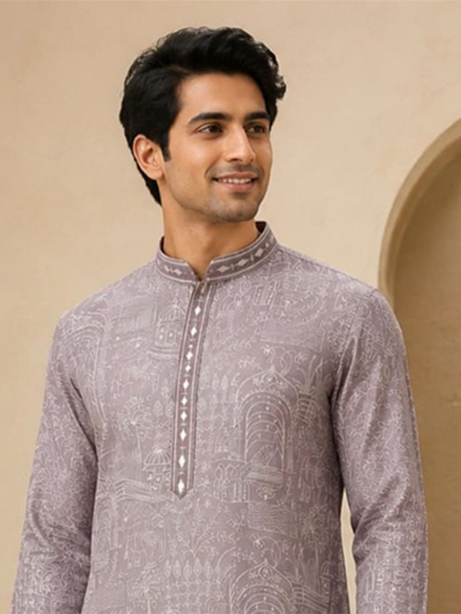 Mauve Taupe Art Silk Embroidery Wedding Party Festival Casual Mens Wear Kurta