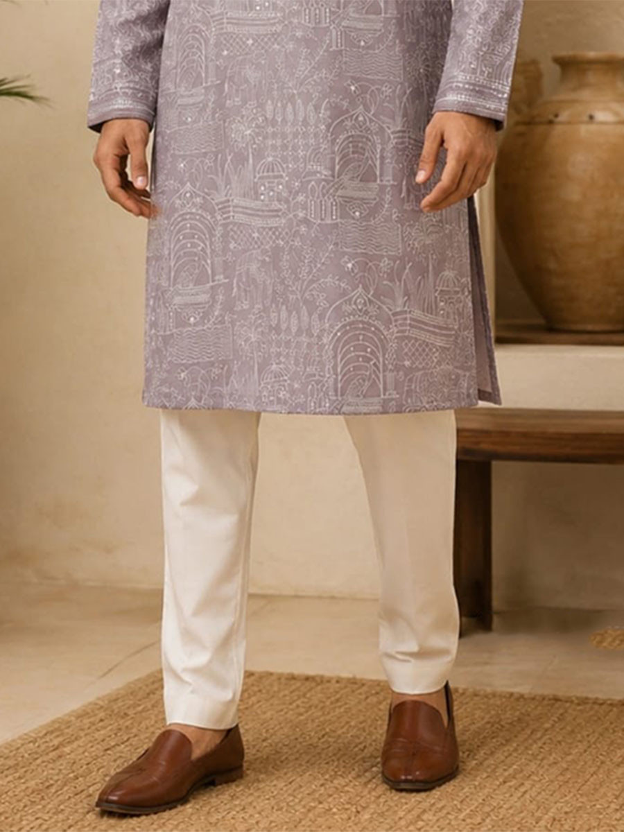 Mauve Taupe Art Silk Embroidery Wedding Party Festival Casual Mens Wear Kurta