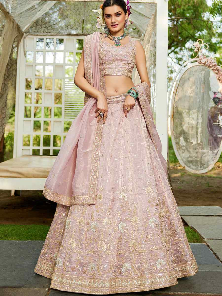 Mauve Tissue Embroidered Festival Reception Wedding Party Wear Heavy Border Lehenga Choli